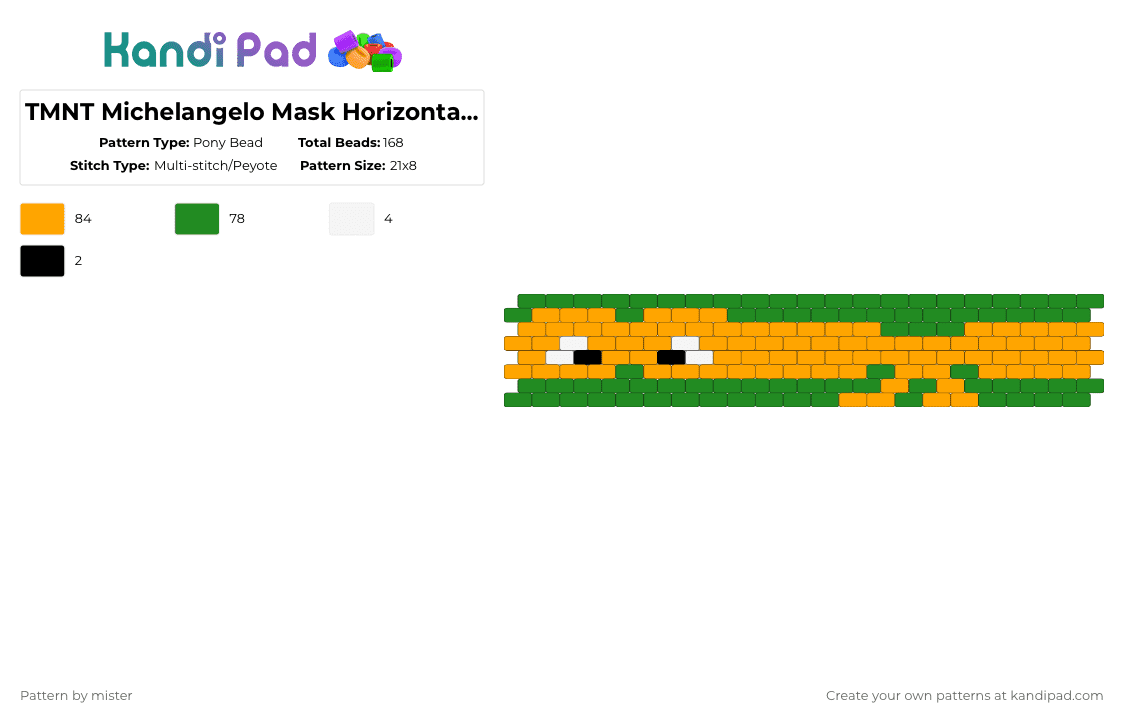 TMNT Michelangelo Mask Horizontal Cuff - Pony Bead Pattern by mister on Kandi Pad - michelangelo,mask,turtle,cartoon,video game,gaming,tv show,animal,character,green,orange,cuff,horizontal,horizontal cuff,tmnt