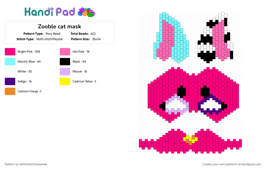 Zooble cat mask - Pony Bead Pattern by definitelytherealvee on Kandi Pad - mask, pink, tadc, zooble