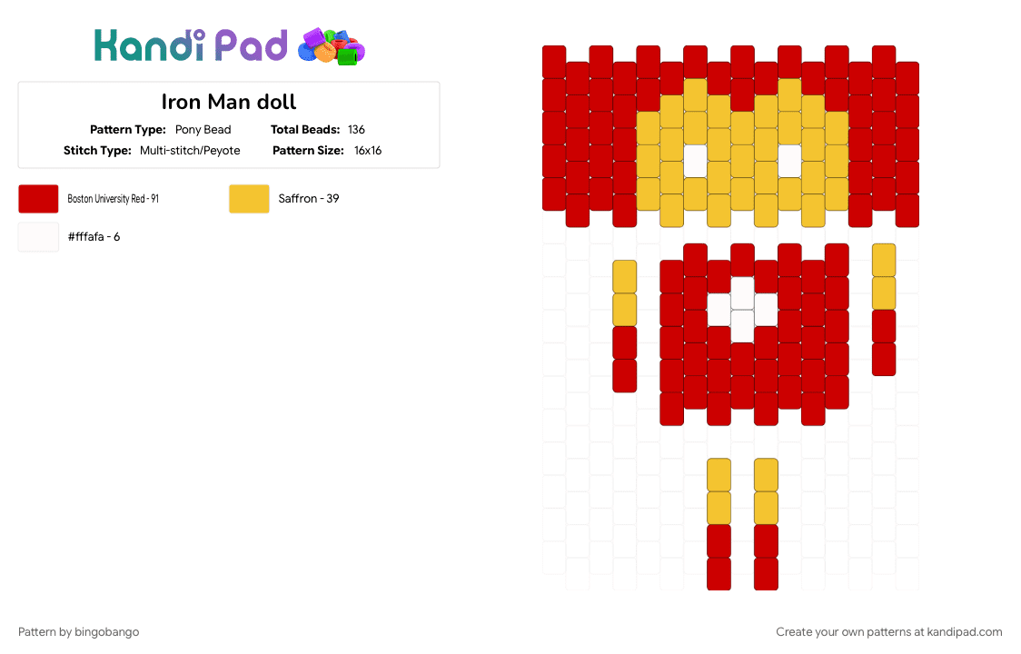 Iron Man doll - Pony Bead Pattern by bingobango on Kandi Pad - doll, iron man, marvel, multistitch, red, superhero, yellow