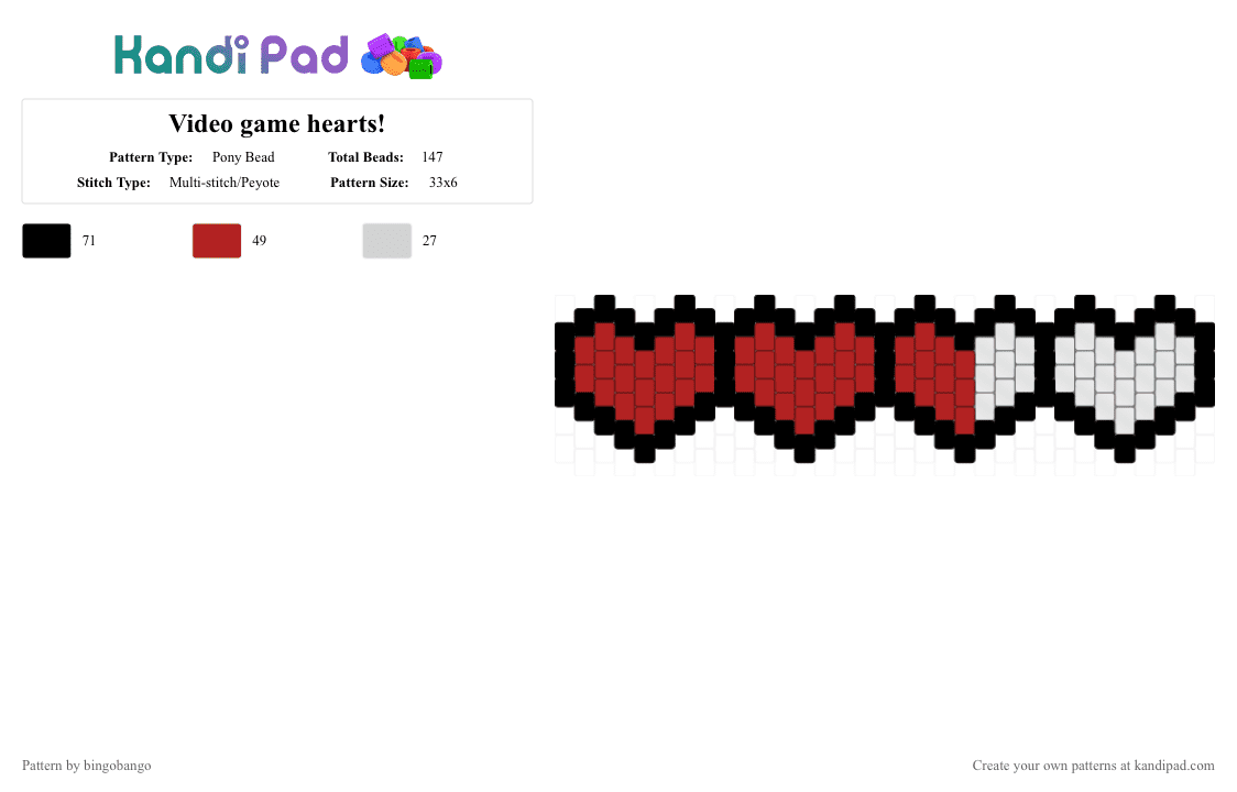 Video game hearts! - Pony Bead Pattern by bingobango on Kandi Pad - red,white,peyote,charm,minecraft,necklace,heart,health,kandi,multistitch