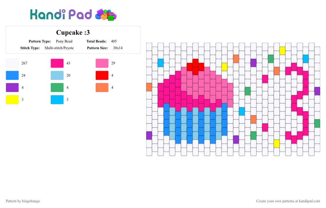 Cupcake :3 - Pony Bead Pattern by bingobango on Kandi Pad - white,light blue,pink