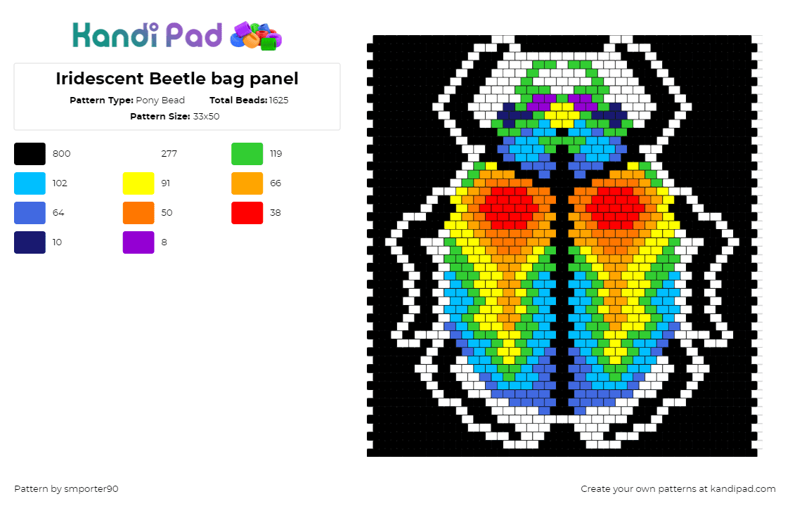 Iridescent Beetle bag panel - Pony Bead Pattern by smporter90 on Kandi Pad - beetle,heat map,insect,bug,colorful,panel,bag,black,orange,blue