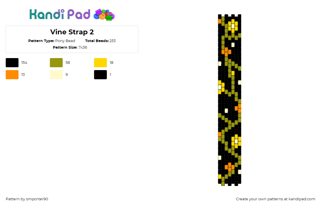 Vine Strap 2 - Pony Bead Pattern by smporter90 on Kandi Pad - vibes,flowers,botanical,blooming,lively,green,yellow,black