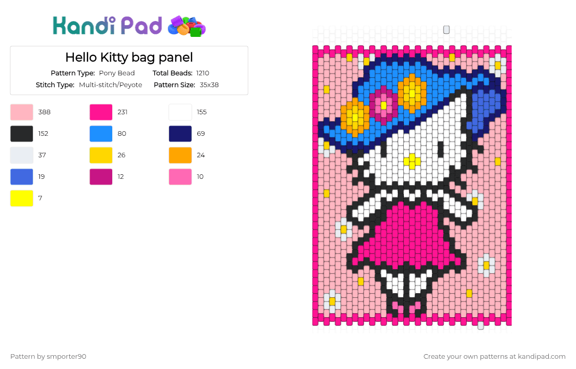 Hello Kitty bag panel - Pony Bead Pattern by smporter90 on Kandi Pad - hello kitty,sanrio,pink