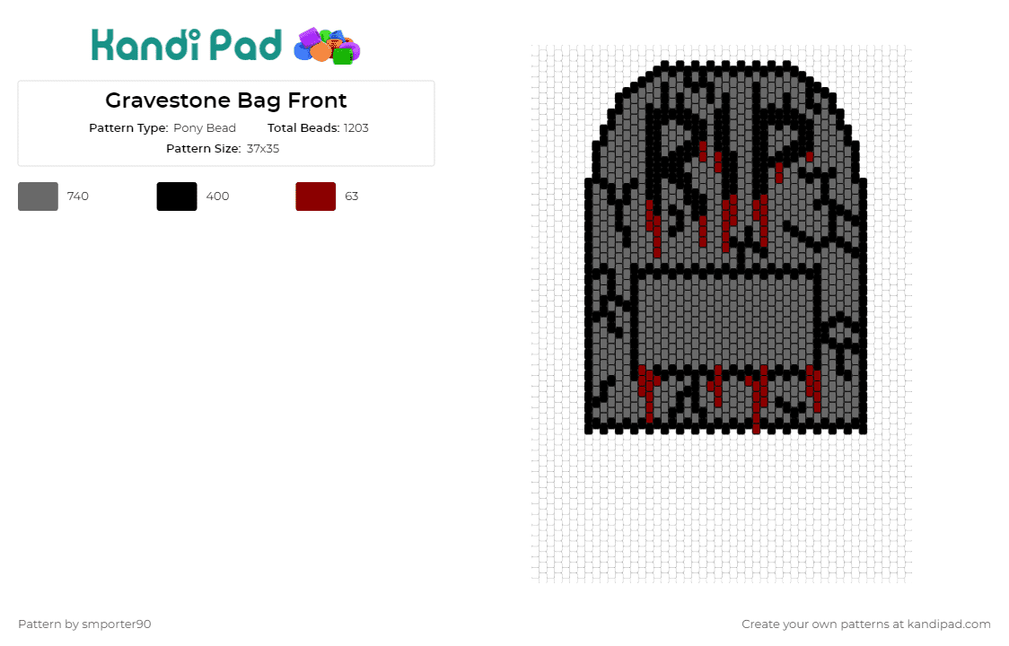 Gravestone Bag Front - Pony Bead Pattern by smporter90 on Kandi Pad - rip,tombstone,gravestone,spooky,halloween,horror,chilling,accessory,grey