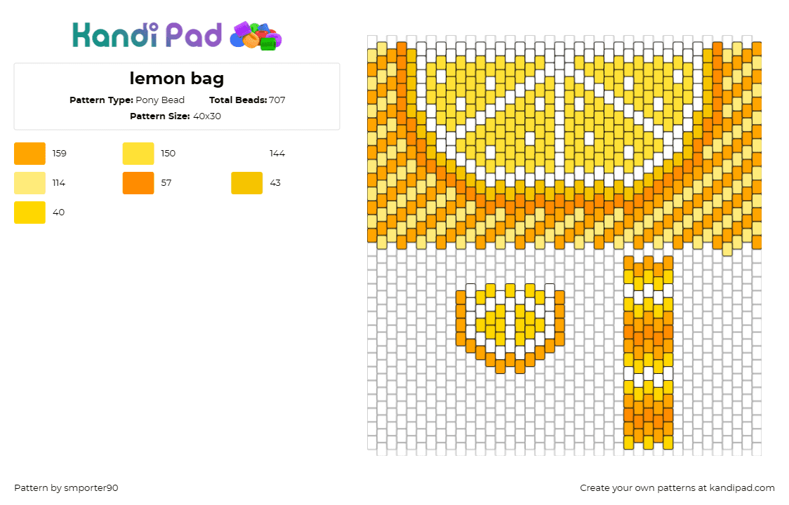 lemon bag - Pony Bead Pattern by smporter90 on Kandi Pad - lemon,citrus,fruit,food,bag,zesty,refreshing,yellow,orange