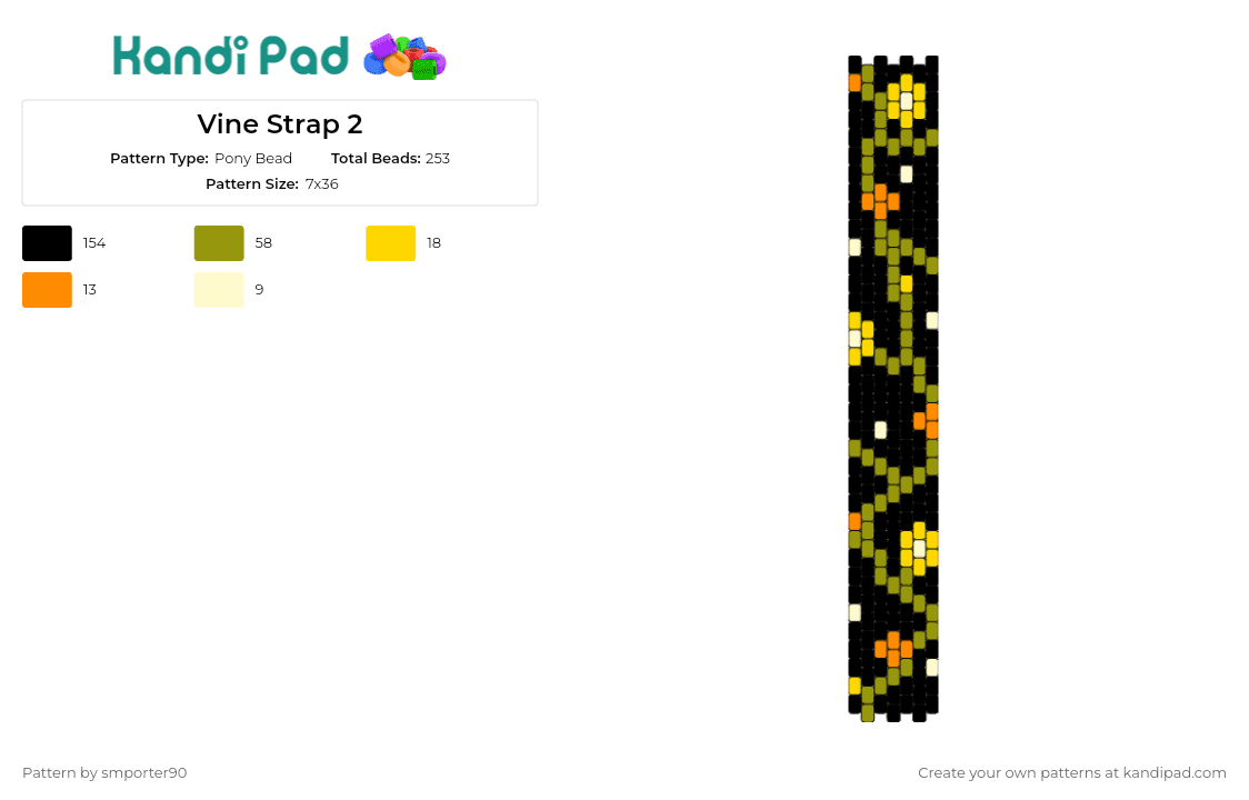 Vine Strap 2 - Pony Bead Pattern by smporter90 on Kandi Pad - vibes,flowers,botanical,blooming,lively,green,yellow,black