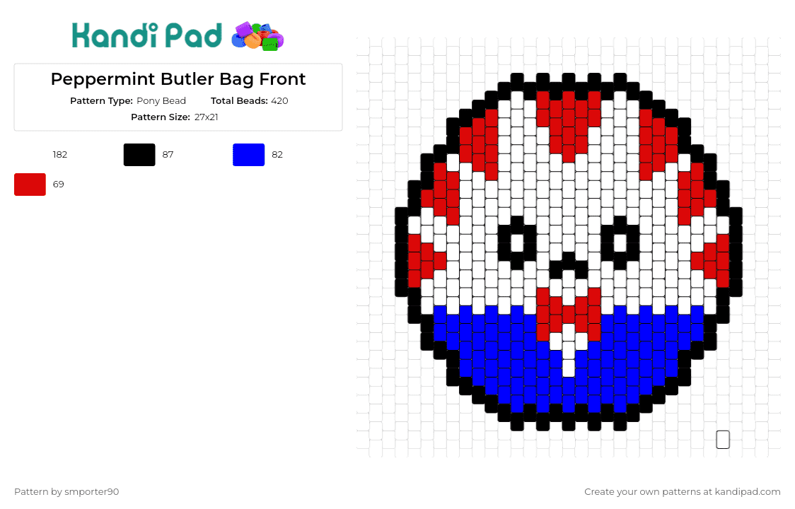 Peppermint Butler Bag Front - Pony Bead Pattern by smporter90 on Kandi Pad - peppermint butler,adventure time,unique,bold,fun,standout,bag,animated,character,blue,red