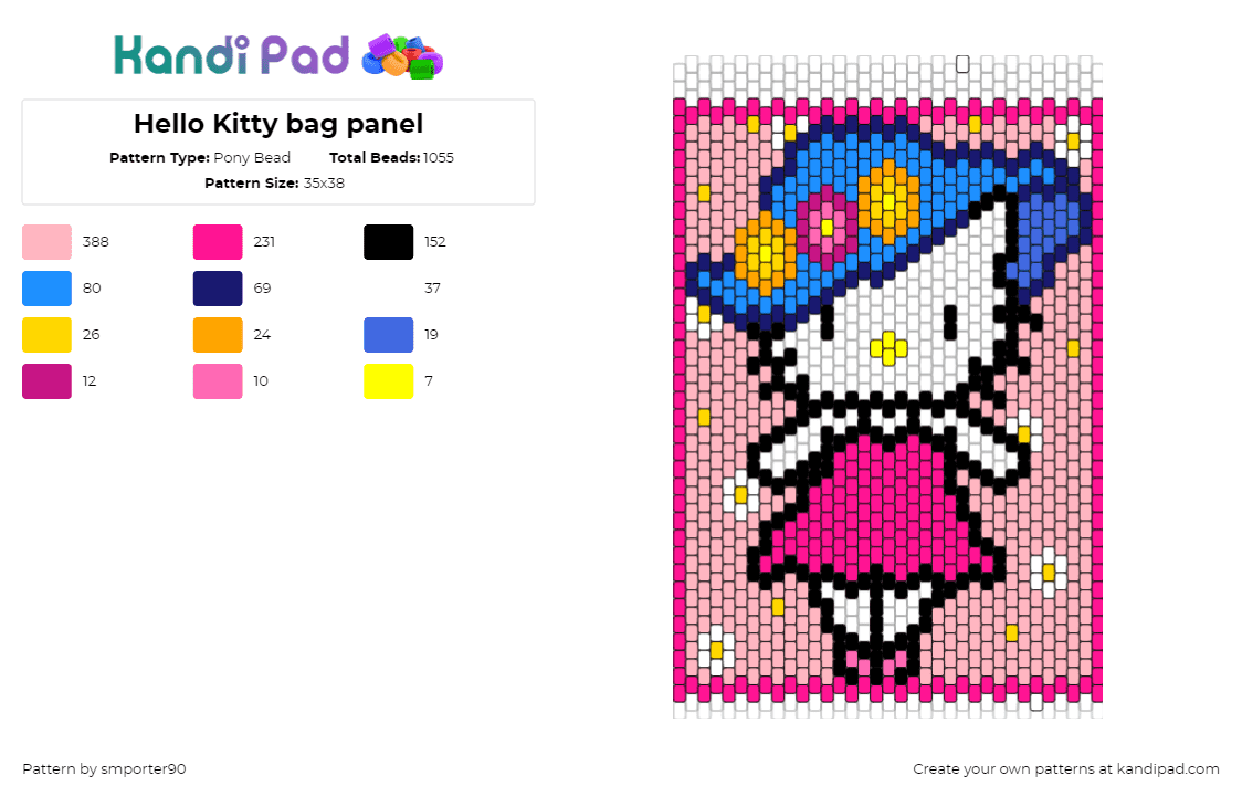 Hello Kitty bag panel - Pony Bead Pattern by smporter90 on Kandi Pad - hello kitty,sanrio,panel,bag,hat,dress,cute,character,pink,white,blue