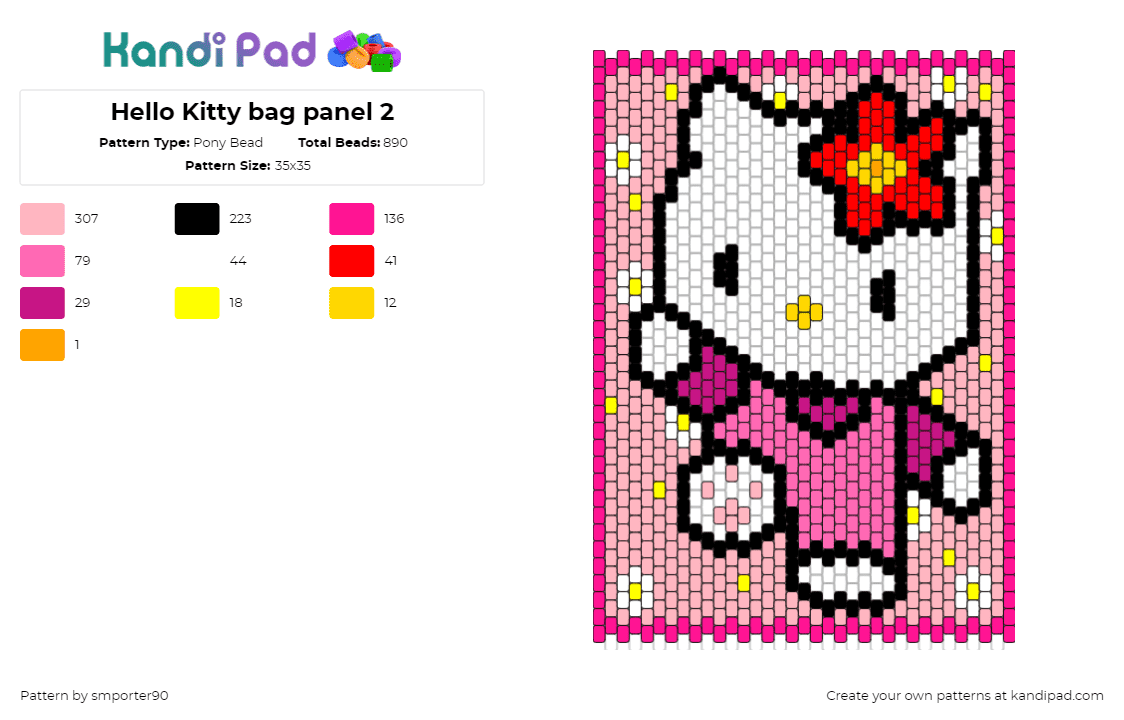 Hello Kitty bag panel 2 - Pony Bead Pattern by smporter90 on Kandi Pad - hello kitty,sanrio,bag,purse,character,flower,cute,kawaii,white,pink