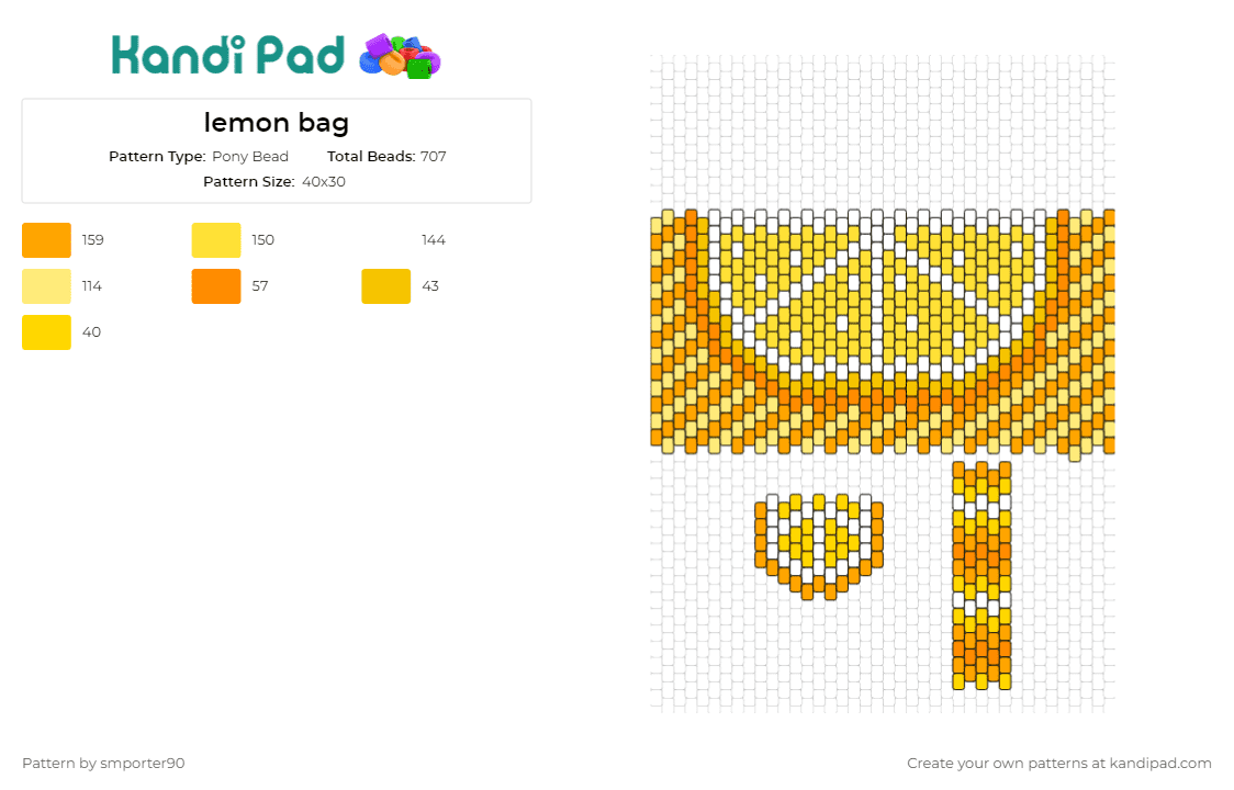 lemon bag - Pony Bead Pattern by smporter90 on Kandi Pad - lemon,citrus,fruit,food,bag,zesty,refreshing,unique,flair,accessory,yellow,orange