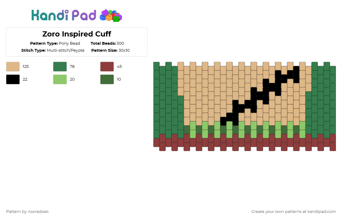 Zoro Inspired Cuff - Pony Bead Pattern by noxredoak on Kandi Pad - beige,green,one piece,anime,zoro,roronoa