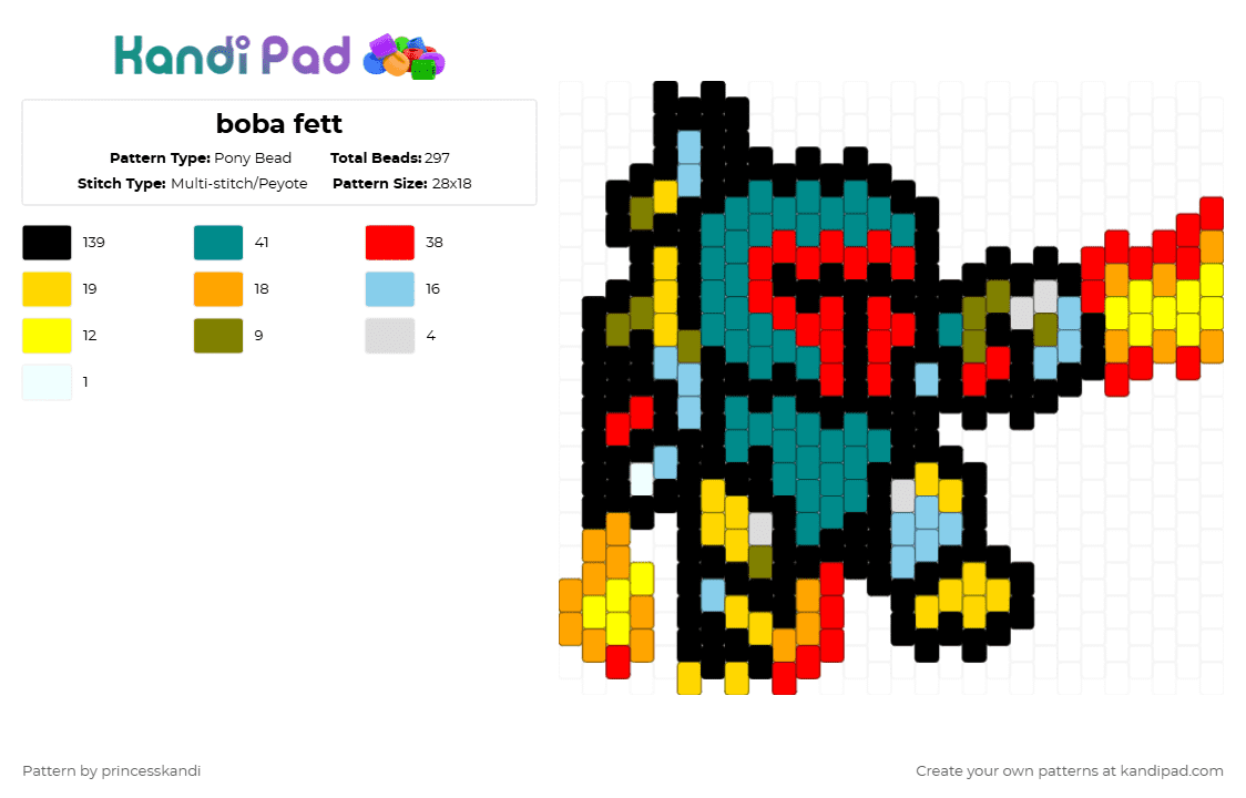 boba fett - Pony Bead Pattern by princesskandi on Kandi Pad - boba fett,star wars,mandalorian,bounty hunter,character,movie,scifi,black,teal,red,yellow