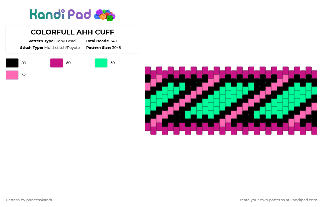 COLORFULL AHH CUFF - Pony Bead Pattern by princesskandi on Kandi Pad - pink,teal
