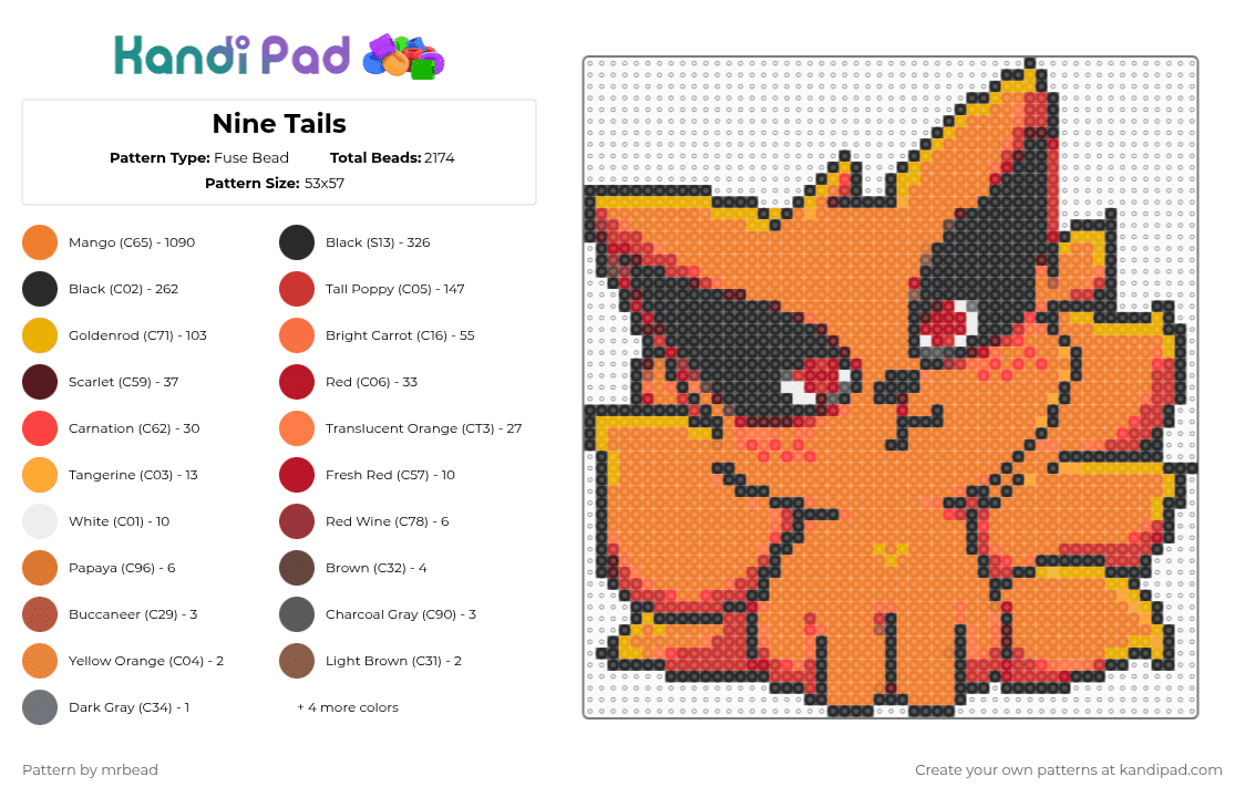 Nine Tails - Fuse Bead Pattern by mrbead on Kandi Pad - orange,red,naruto,anime
