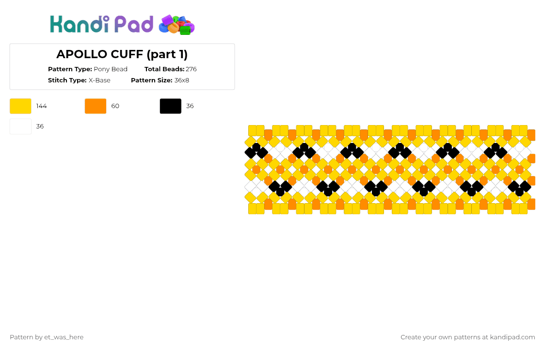 APOLLO CUFF (part 1) - Pony Bead Pattern by et_was_here on Kandi Pad - orange, yellow