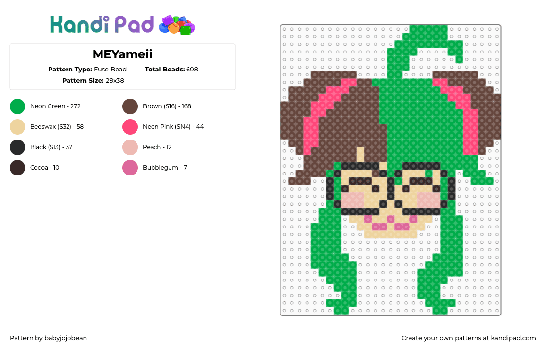 MEYameii - Fuse Bead Pattern by babyjojobean on Kandi Pad - scene,kawaii,character,head,glasses,green