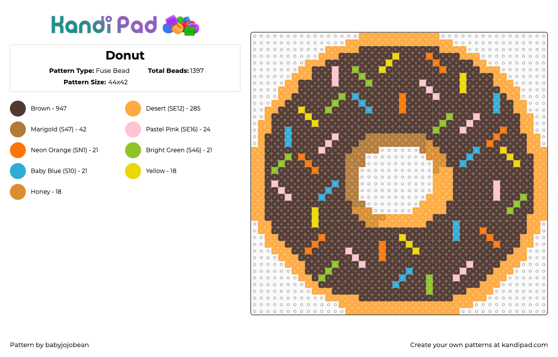 Donut - Fuse Bead Pattern by babyjojobean on Kandi Pad - donut,breakfast,sprinkles,food,brown,tan