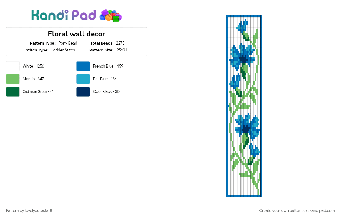 Floral wall decor - Pony Bead Pattern by lovelycutestar8 on Kandi Pad - blue, floral, flower, flowers, green, large pattern, natural, nature, wall art, white