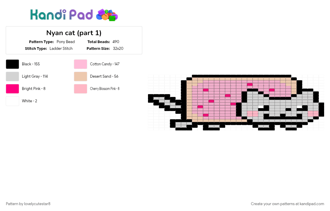 Nyan cat (part 1) - Pony Bead Pattern by lovelycutestar8 on Kandi Pad - cat, internet culture, meme, nyan cat, panel, pink, rainbow, square stitch, wall decor
