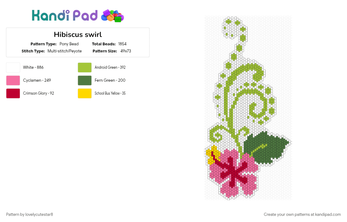 Hibiscus swirl - Pony Bead Pattern by lovelycutestar8 on Kandi Pad - cotdgardens, floral, flower, green, hibiscus, nature, panel, pink, spiral, swirl, white