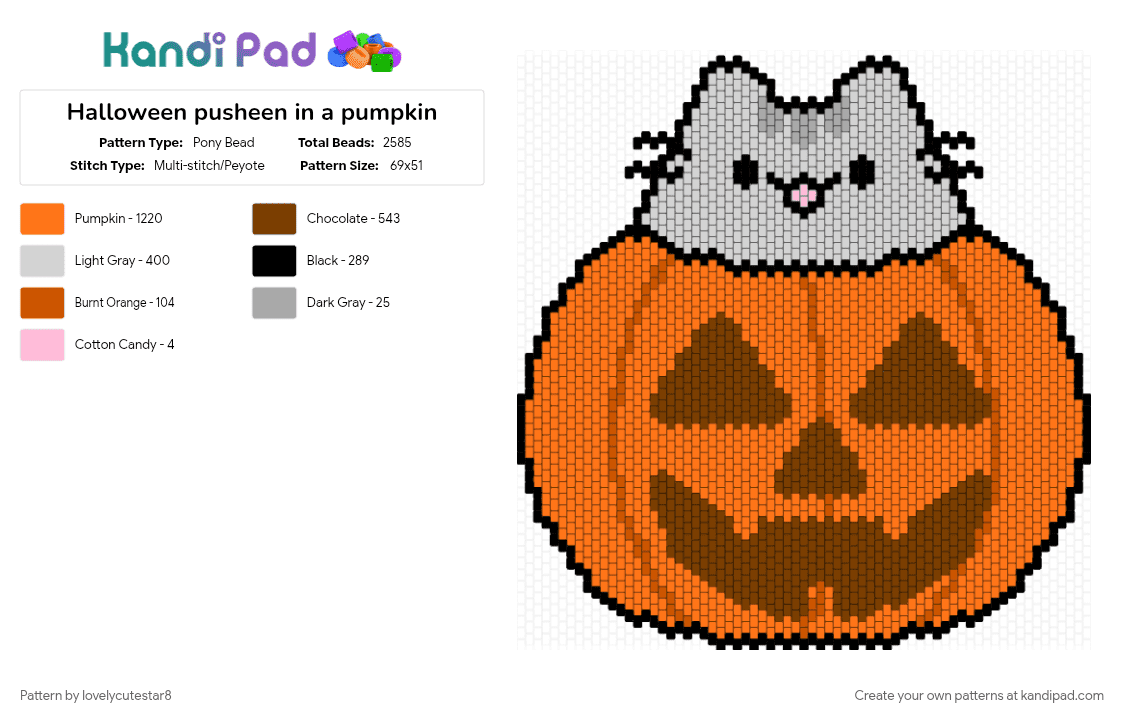Halloween pusheen in a pumpkin - Pony Bead Pattern by lovelycutestar8 on Kandi Pad - brown, cat, cats, character, cute, halloween, kawaii, orange, pumpkin, pusheen