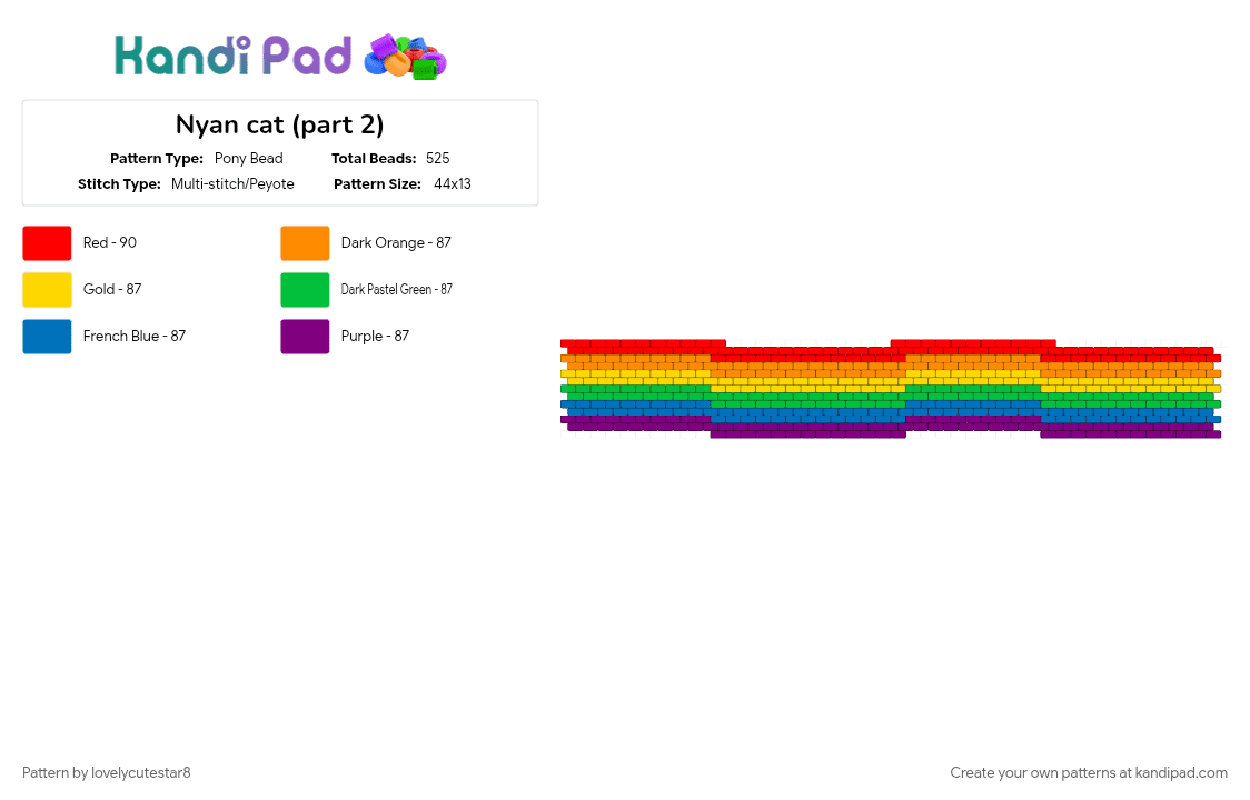 Nyan cat (part 2) - Pony Bead Pattern by lovelycutestar8 on Kandi Pad - colorful, green, internet culture, meme, multi part, nyan cat, orange, panel, peyote, pink, rainbow, wall decor