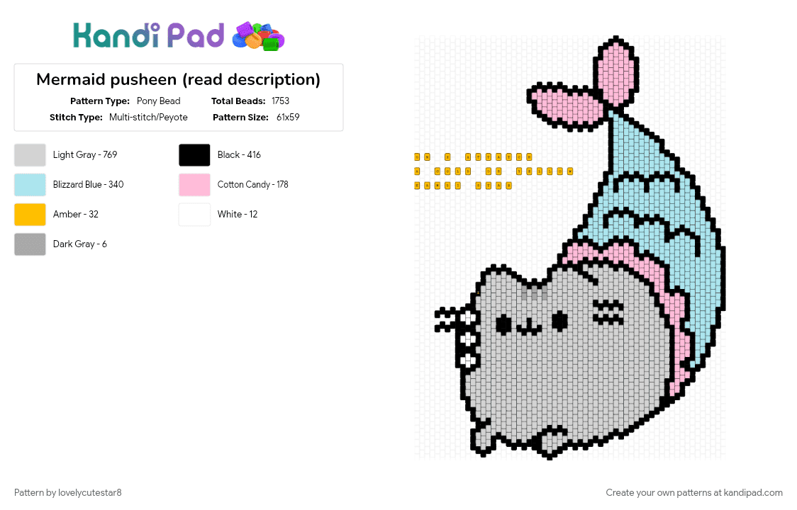 Mermaid pusheen (read description) - Pony Bead Pattern by lovelycutestar8 on Kandi Pad - 