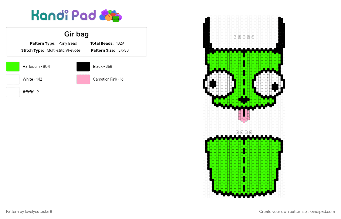 Gir bag - Pony Bead Pattern by lovelycutestar8 on Kandi Pad - bag, bag design, bag panels, character, gir, green, invader zim, media, small bag