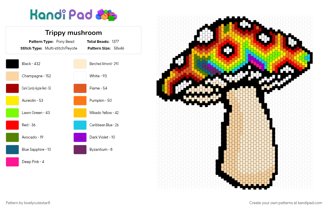 Trippy mushroom - Pony Bead Pattern by lovelycutestar8 on Kandi Pad - beige, colorful, cotdmushrooms, mushroom, nature, natureinspired, panel, rainbow, red, trippy, yellow