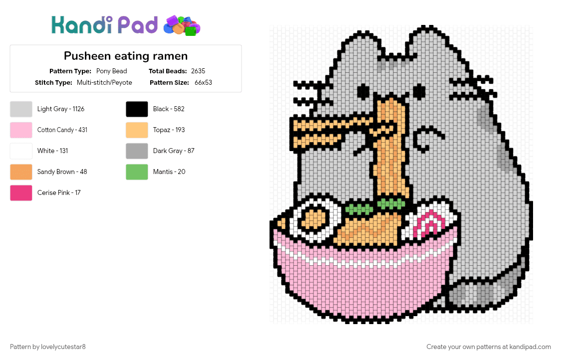 Pusheen eating ramen - Pony Bead Pattern by lovelycutestar8 on Kandi Pad - cat, cats, cute, food, japanese, kawaii, orange, pink, pusheen, ramen, white