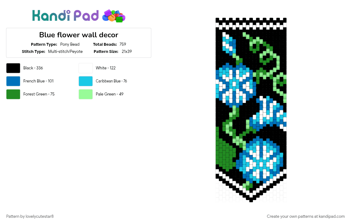 Blue flower wall decor - Pony Bead Pattern by lovelycutestar8 on Kandi Pad - blue, floral, floral designs, floralthemed, flowers, green, light blue, natural, nature, panel
