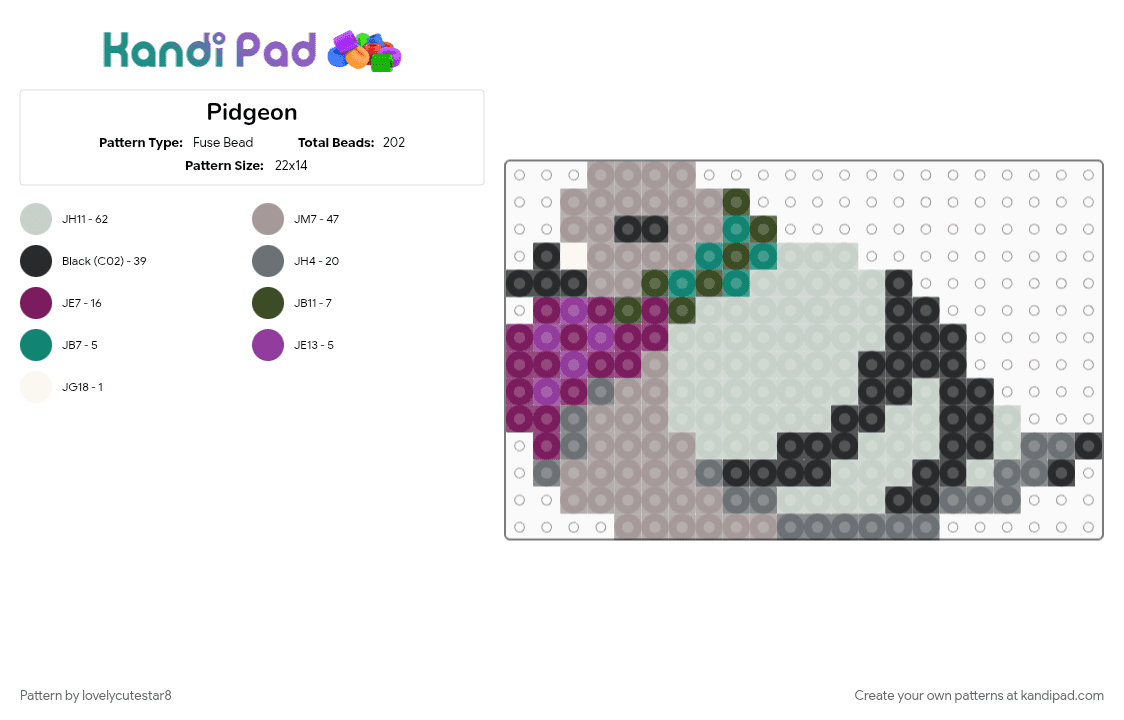 Pidgeon - Fuse Bead Pattern by lovelycutestar8 on Kandi Pad - animal, bird, gray, lil guy, pidgeon, silly, silly goober, silly guy, silly lil guy