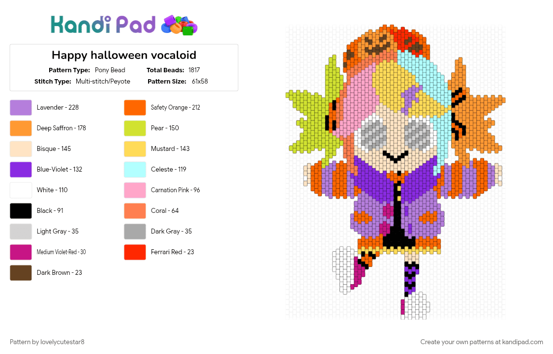 Happy halloween vocaloid - Pony Bead Pattern by lovelycutestar8 on Kandi Pad - beige, character, halloween, music, october, orange, pink, song, spooky, spooky season, vocaloid, yellow