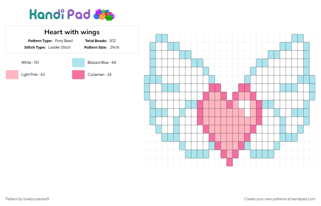Heart with wings - Pony Bead Pattern by lovelycutestar8 on Kandi Pad - cute, heart, hearts, kawaii, light blue, love, panel, pastel, pink, pink and white