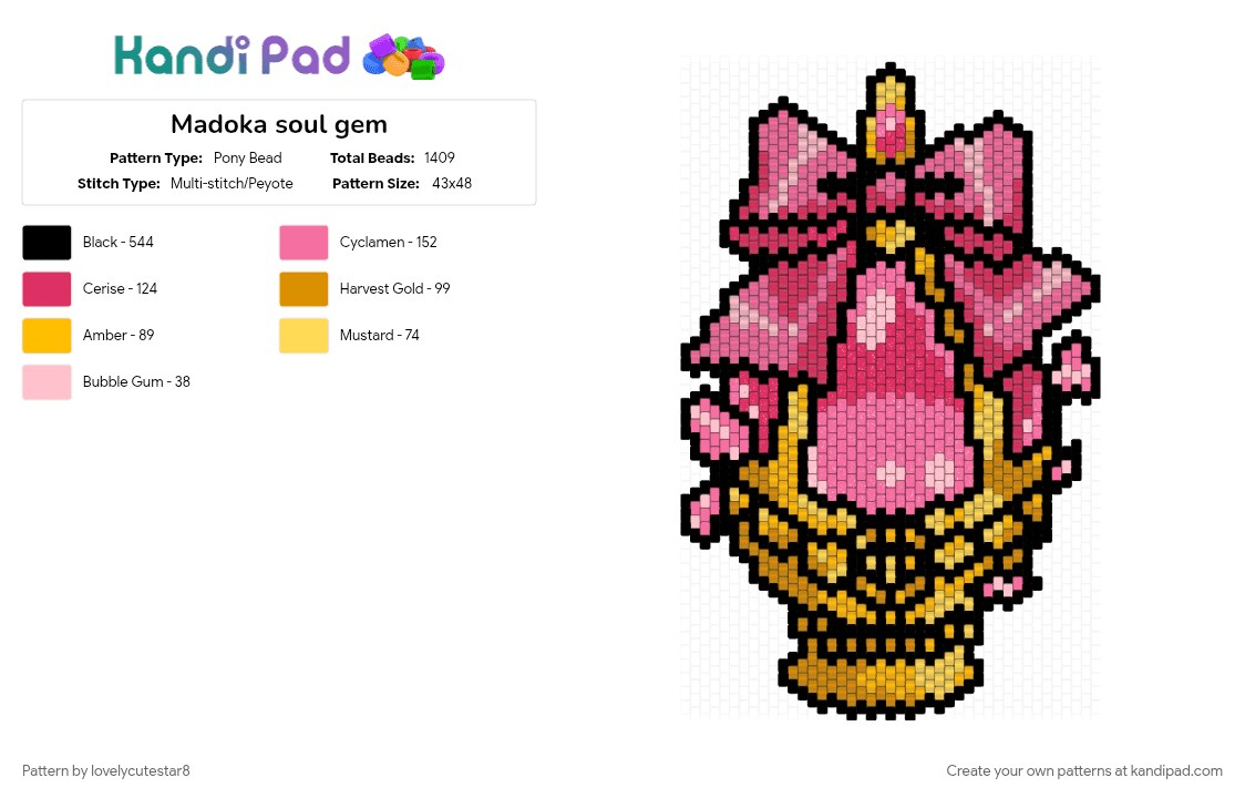 Madoka soul gem - Pony Bead Pattern by lovelycutestar8 on Kandi Pad - anime, character, madoka, madoka kaname, madoka magica, movie, panels, pink, red, tv show