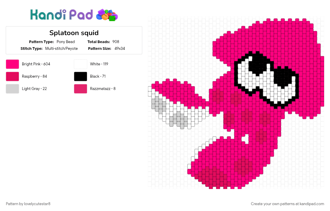 Splatoon squid - Pony Bead Pattern by lovelycutestar8 on Kandi Pad - nintendo, panel, pink, splatoon, squid, video game