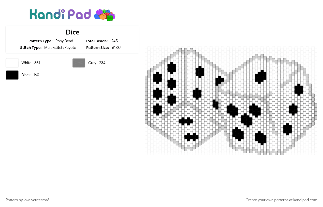 Dice - Pony Bead Pattern by lovelycutestar8 on Kandi Pad - big, big pattern, dice, greyscale, large, large pattern, panel, white