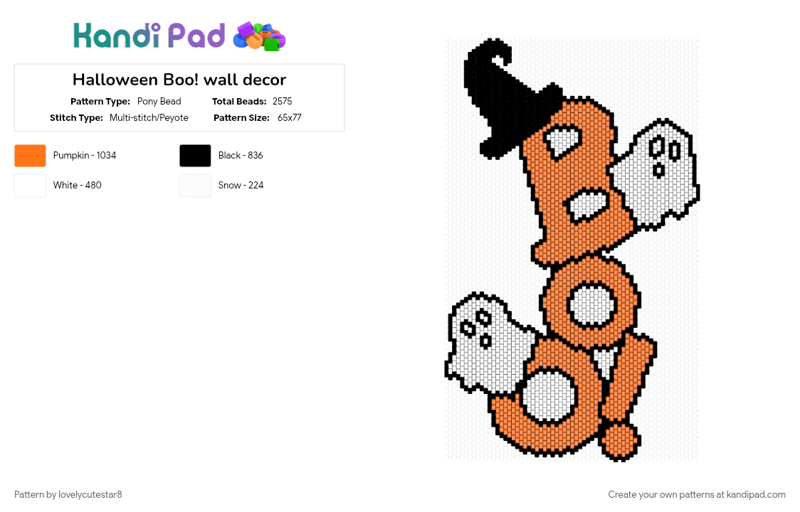 Halloween Boo! wall decor - Pony Bead Pattern by lovelycutestar8 on Kandi Pad - boo, ghosts, halloween, orange, panel, spooky, wall art, white, witch hat, words