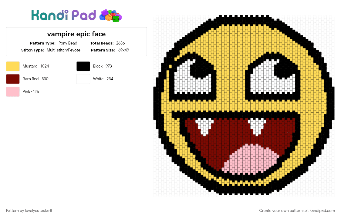vampire epic face - Pony Bead Pattern by lovelycutestar8 on Kandi Pad - character, cotdscenekidfashion, epic, epicface, face, scene, scenecore, silly, yellow