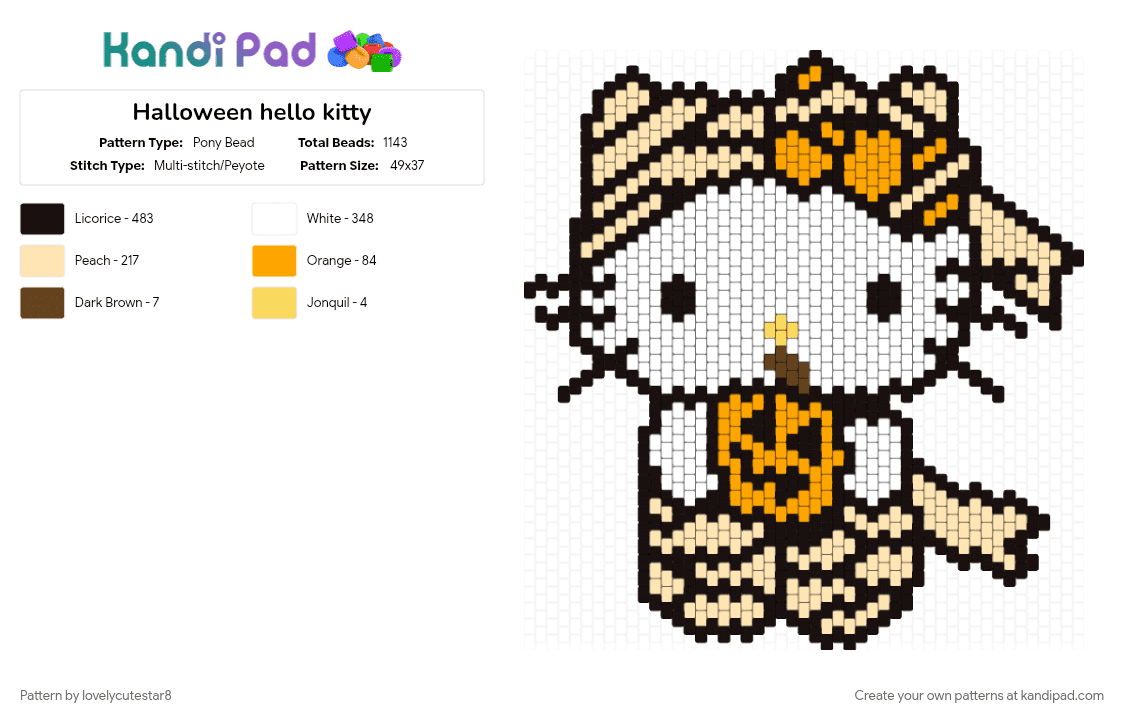 Halloween hello kitty - Pony Bead Pattern by lovelycutestar8 on Kandi Pad - beige, cat, character, halloween, hello kitty, mummy, orange, pumpkin, sanrio, spooky, white