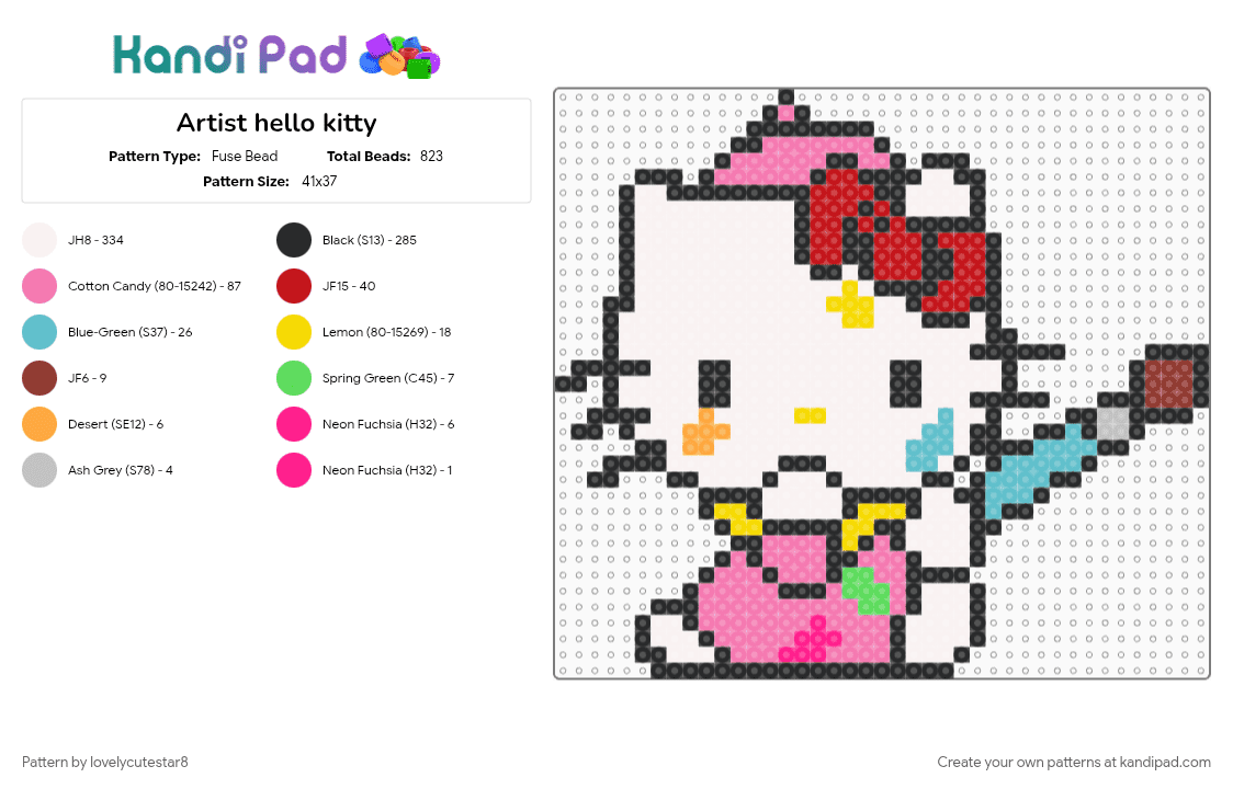 Artist hello kitty - Fuse Bead Pattern by lovelycutestar8 on Kandi Pad - artist, cat, colorful, cute, fusebead, hello kitty, kawaii, pink, red, sanrio, teal, white
