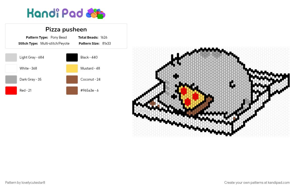 Pizza pusheen - Pony Bead Pattern by lovelycutestar8 on Kandi Pad - beige, big, cat, cats, character, food, large pattern, pizza, pusheen, white, yellow