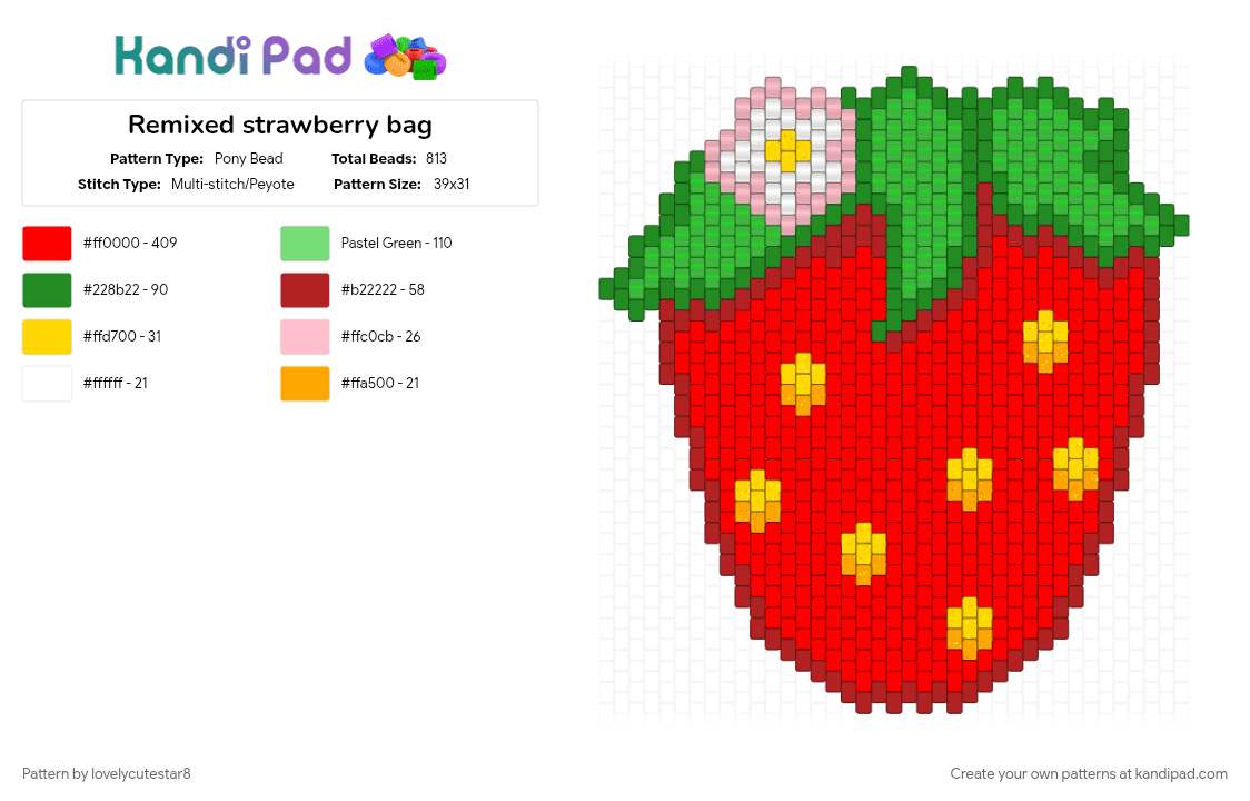 Remixed strawberry bag - Pony Bead Pattern by lovelycutestar8 on Kandi Pad - bag, bag front, bag panel, berry, fruit, green, red, remix, strawberries, strawberry