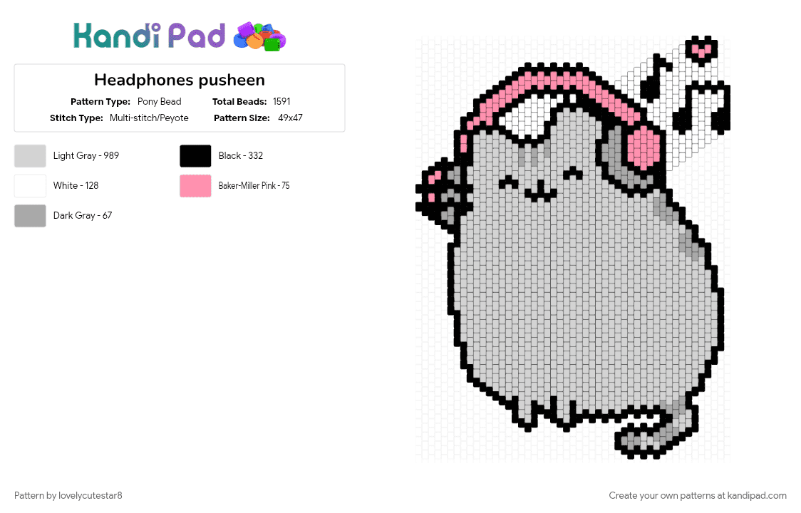 Headphones pusheen - Pony Bead Pattern by lovelycutestar8 on Kandi Pad - beige, big, cat, character, headphones, large pattern, music, panel, pink, pusheen, white