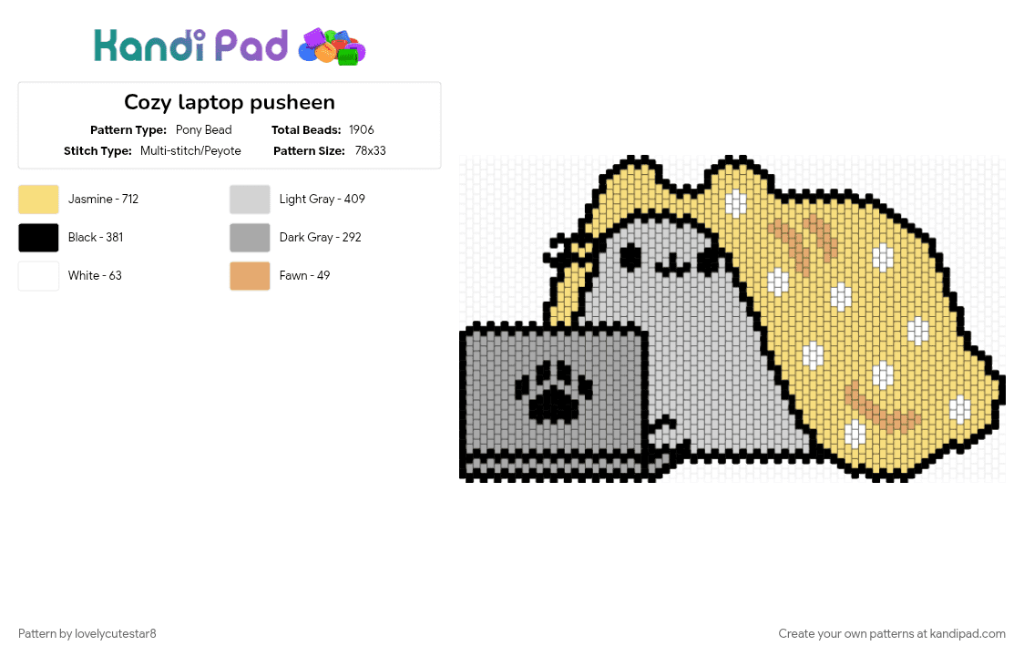 Cozy laptop pusheen - Pony Bead Pattern by lovelycutestar8 on Kandi Pad - big, cat, character, cozy, cute, laptop, panel, pusheen, yellow