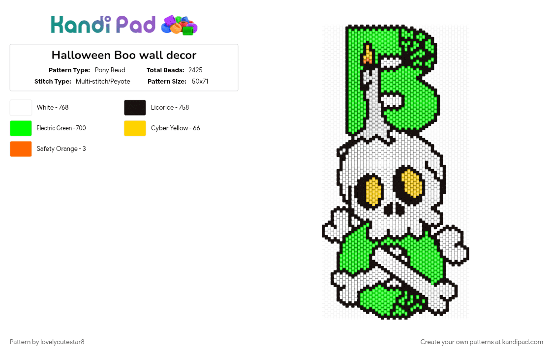 Halloween Boo wall decor - Pony Bead Pattern by lovelycutestar8 on Kandi Pad - boo, green, halloween, panel, skeleton, skull, spooky, typography, white, words