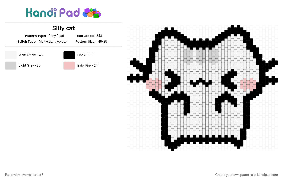 Silly cat - Pony Bead Pattern by lovelycutestar8 on Kandi Pad - animal, animals, cat, cute, kawaii, kitten, kitty, silly, white