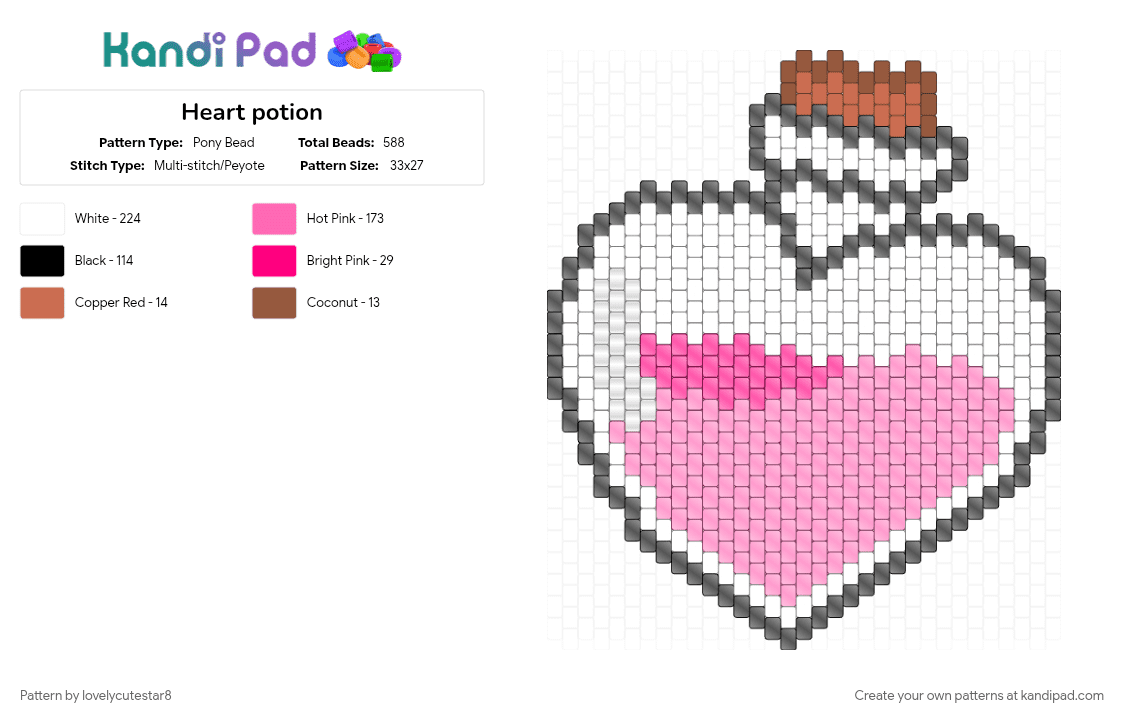 Heart potion - Pony Bead Pattern by lovelycutestar8 on Kandi Pad - heart, hearts, love, panel, pink, potion, potion bottle, valentine, white