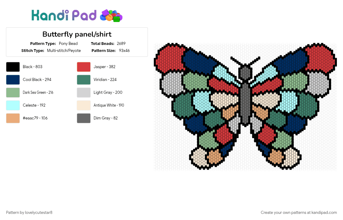 Butterfly panel/shirt - Pony Bead Pattern by lovelycutestar8 on Kandi Pad - big pattern, blue, butterfly, insect, large, large pattern, nature, panel, red, shirt, teal